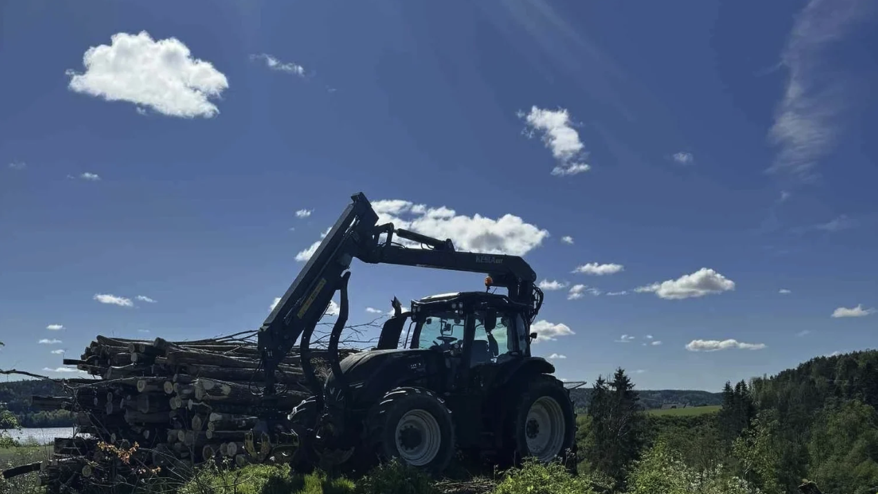 Skogstraktor med tømmerkran og last